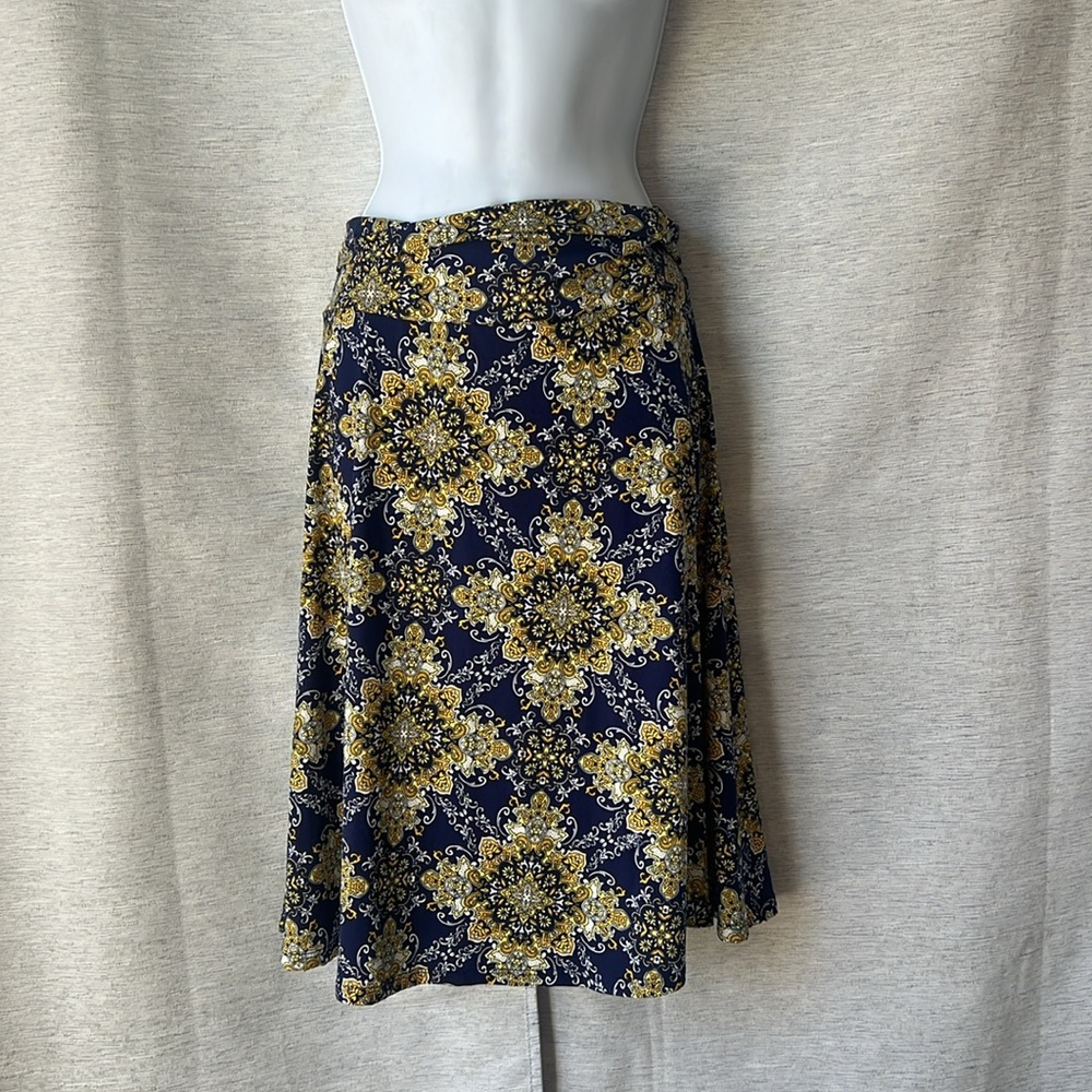Colette Blue Yellow Paisley Midi Skirt XS Elastic Waist Boho Pull-On